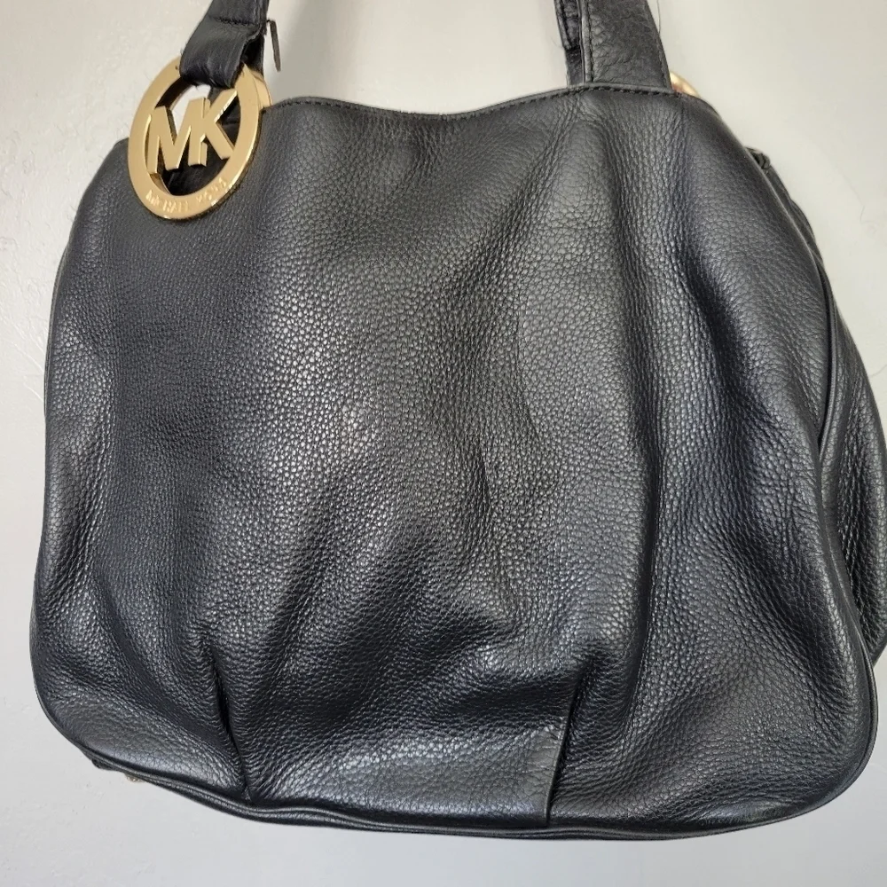 Michael Kors MK Black Pebbled Leather Shoulder Bag Purse Gold Designer Large